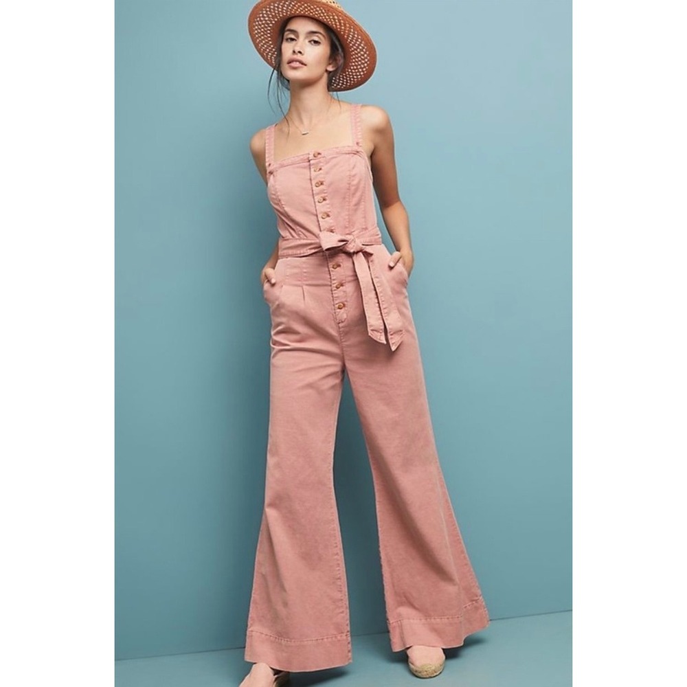 Anthropologie Pilcro Pink Cotton Linen Wide Leg Jumpsuit US 12 Button Front Belt - Picture 8 of 8